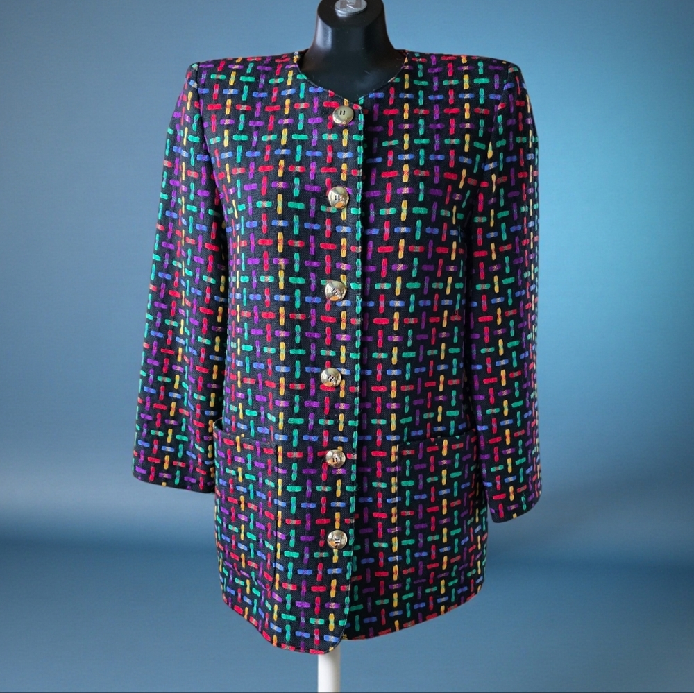 Vtg Simon Chang Rainbow Multicolor 100% Wool Lined Women's Blazer Jacket